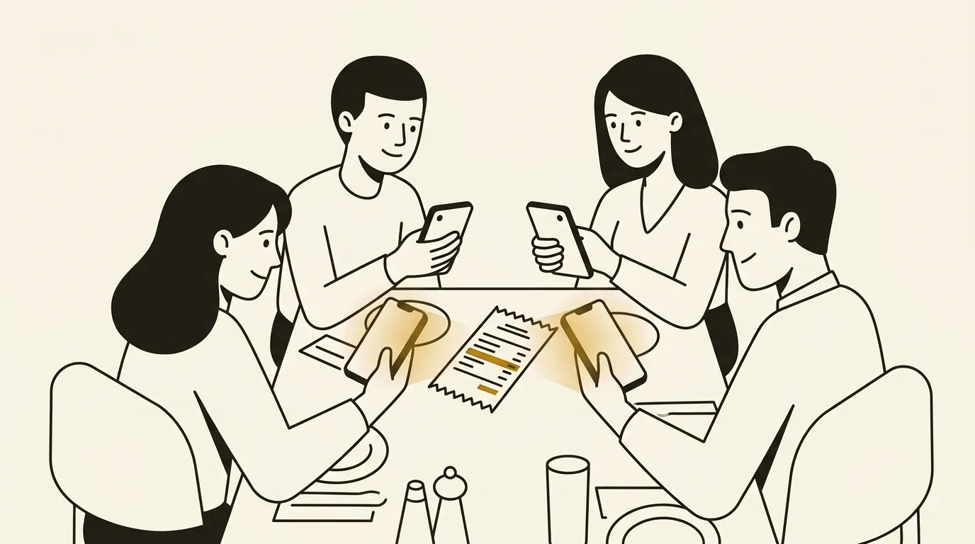 Four friends at a restaurant table, each holding a phone, gathered around an itemized receipt